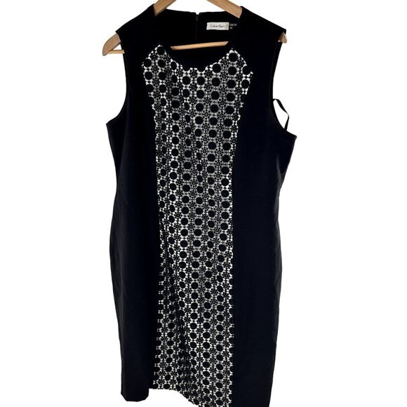 Calvin Klein Dress Sleeveless Sheath Black and White Lace Detail Size 14 - Picture 1 of 13